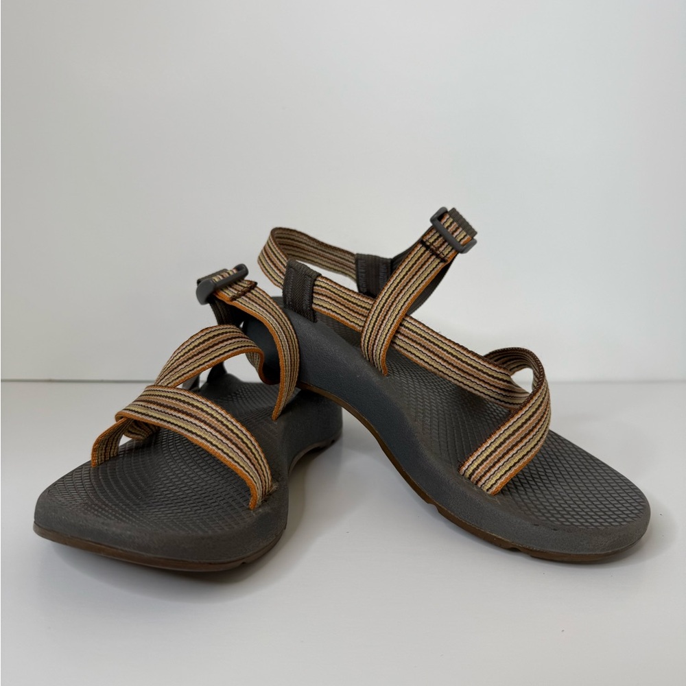 Brown tan green and orange women’s Chacos size 9